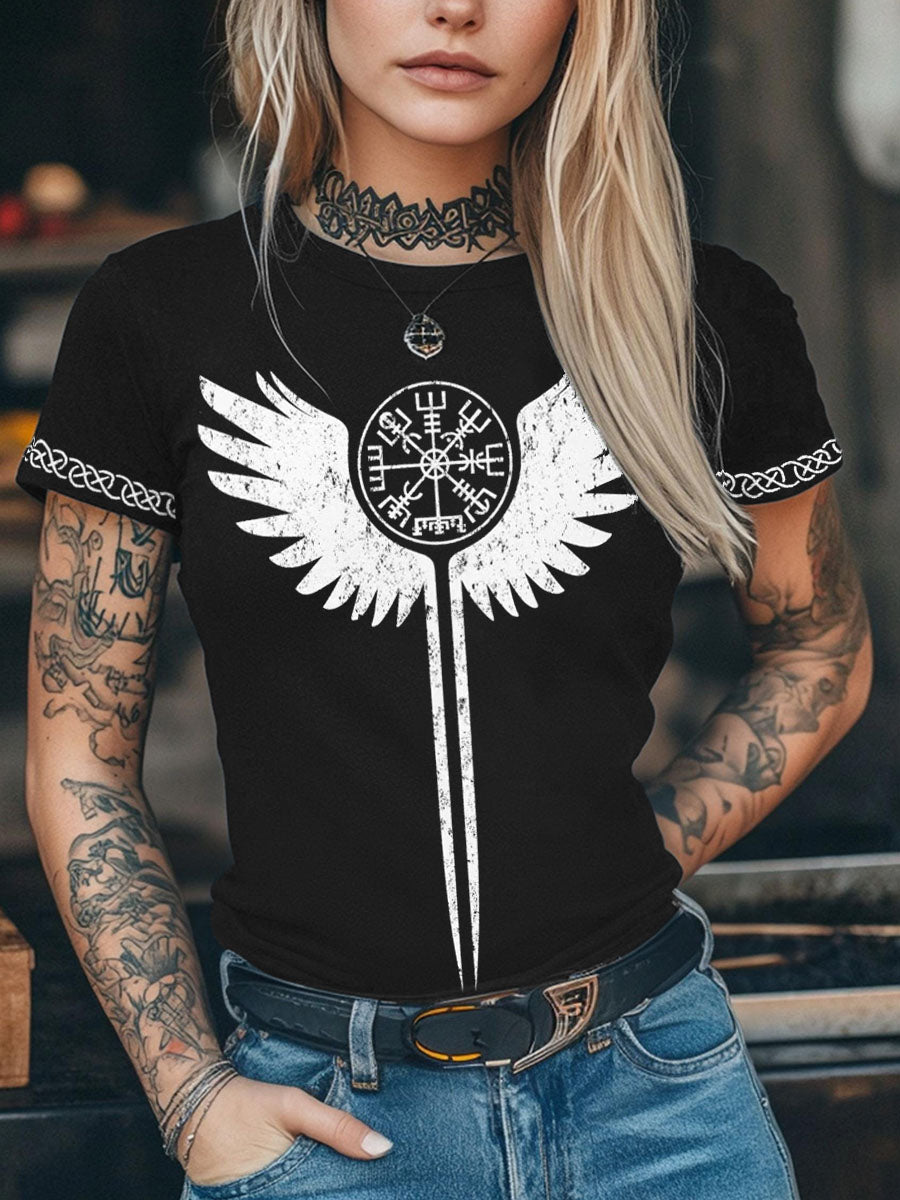 Kvinders vikingetidsinspirerede t-shirt med kort ærme og print