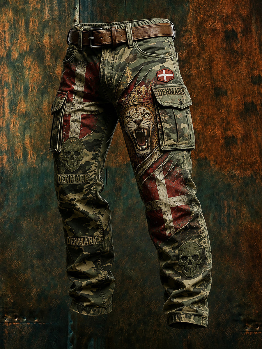Mænds retro militære camouflageprint lange arbejdsbukser