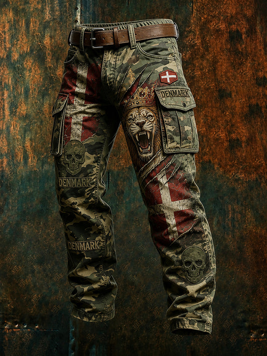 Mænds retro militære camouflageprint lange arbejdsbukser