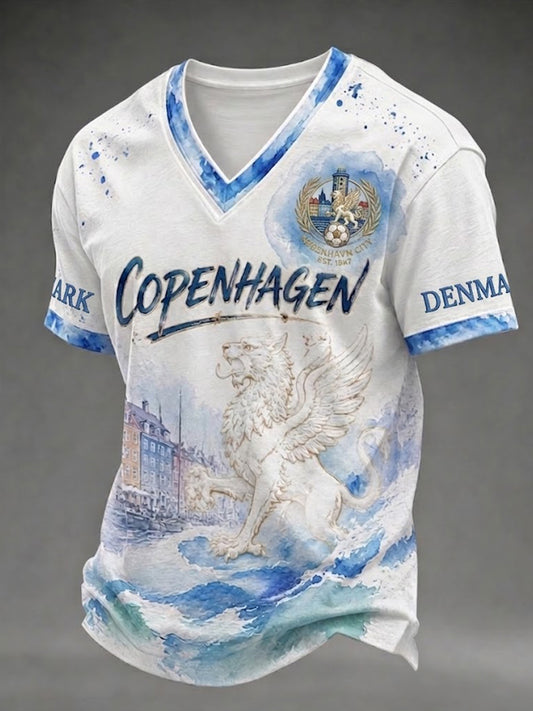 Mænds København Danmark Fodbold V-hals T-shirt