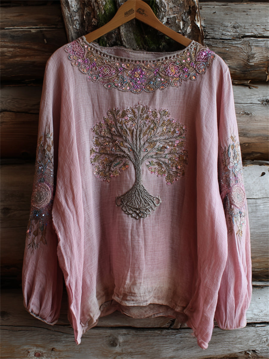 Kvinders Vintage Boho Viking træ af livet kunst print bomuld-Linen skjorte