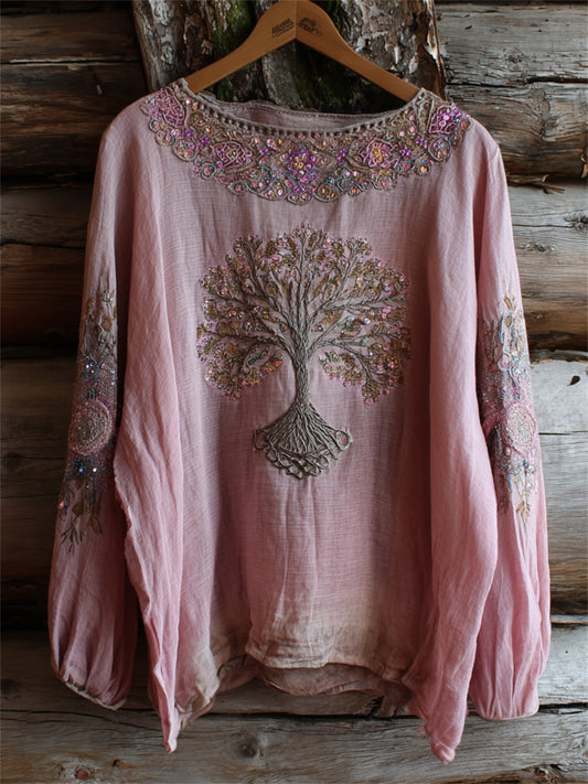 Kvinders Vintage Boho Viking træ af livet kunst print bomuld-Linen skjorte