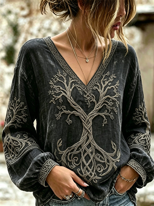 Kvinders Vintage Viking træ af livet Celtic Print bomuld-Linen skjorte