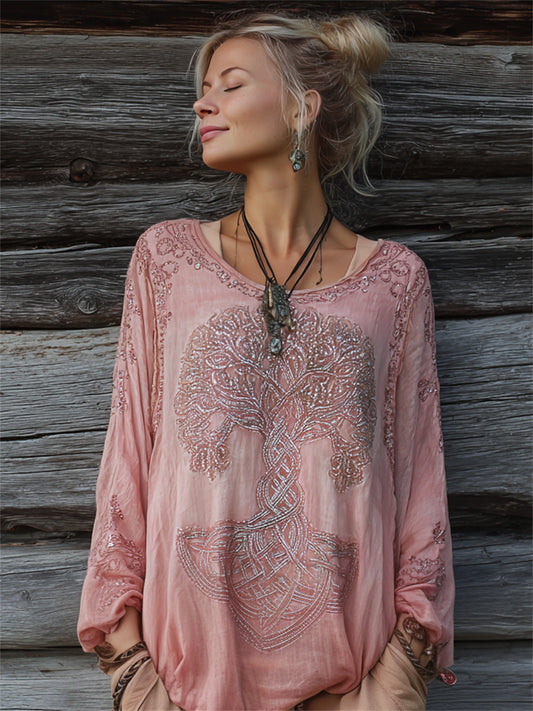 Kvinders Vintage Glitter Viking træ af livet Print Comfy Cotton-Linen skjorte