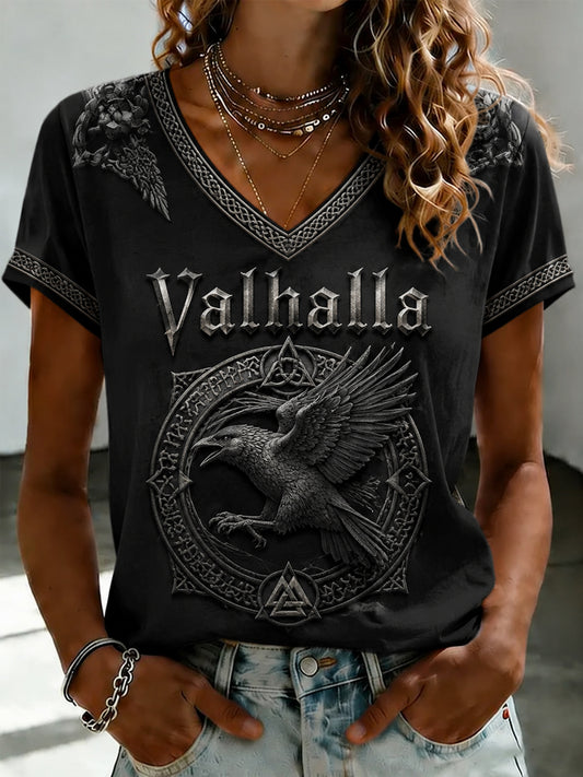 Kvinders Valhalla T-shirt med print og V-udskæring