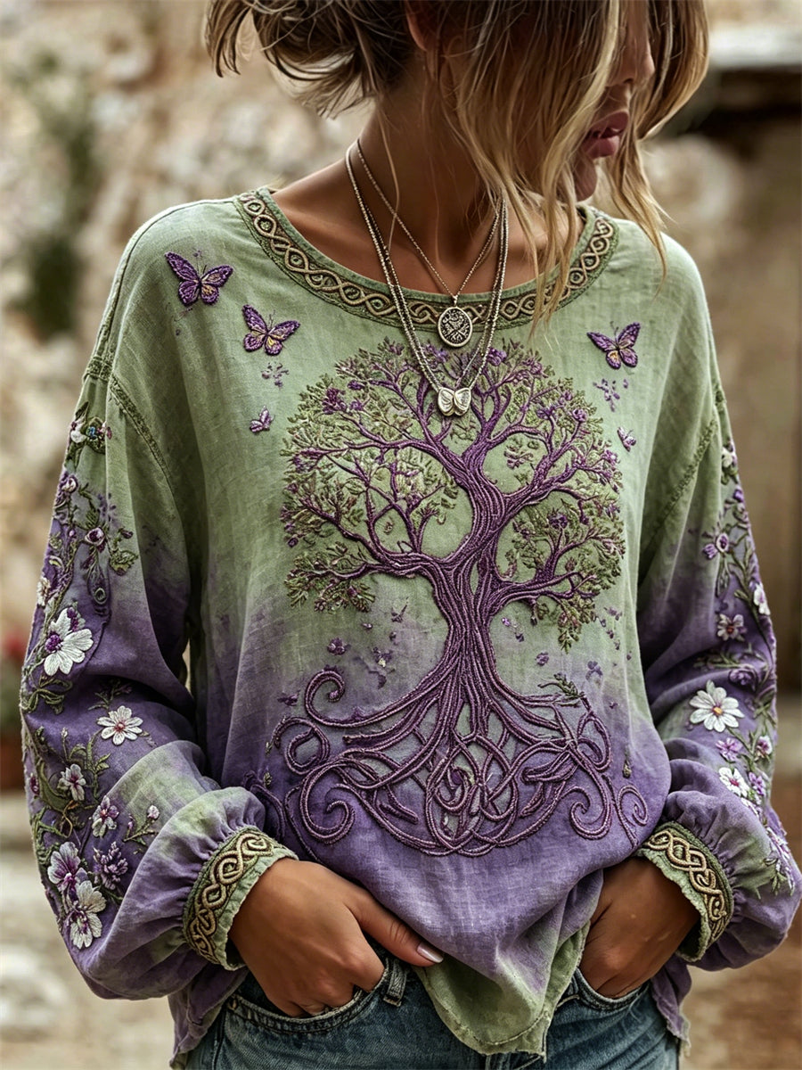Kvinders Viking træ af liv sommerfugle Blomster Print Gradient Cotton-Linen skjorte