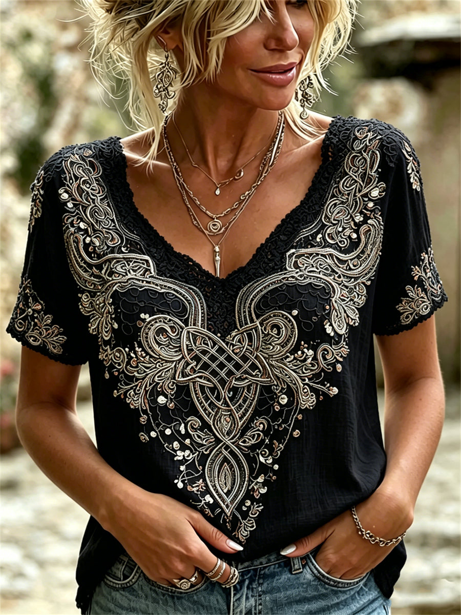 Kvinders stilfulde Viking Celtic Knud Art Print linned kortærmet T-shirte