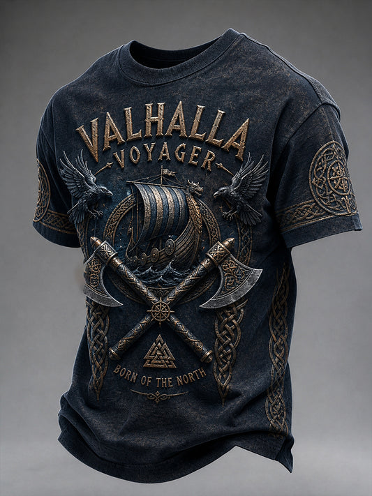 Mænds retro vikingemotiv-print t-shirt med korte ærmer