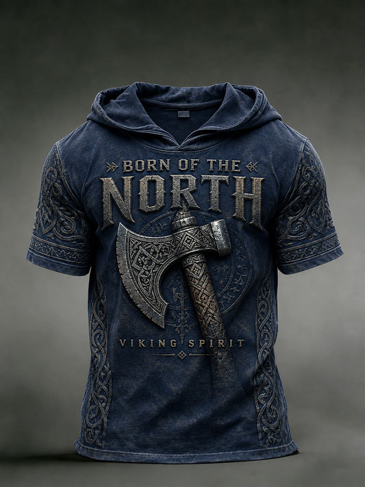 Mænds Retro Viking Print Kort-ærme hættefuld sweatshirt