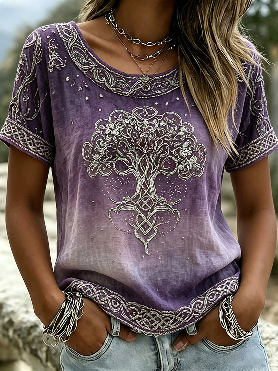 Kvinders Vintage Viking træ af liv Celtic Print Linen Kortærmet T-shirt