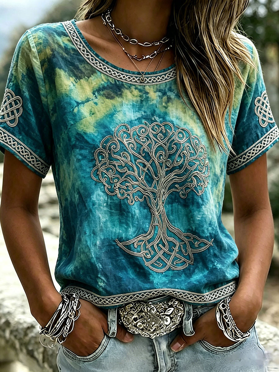 Kvinders Viking Keltiske Træ af livet Print Linn Kortærmet T-shirte