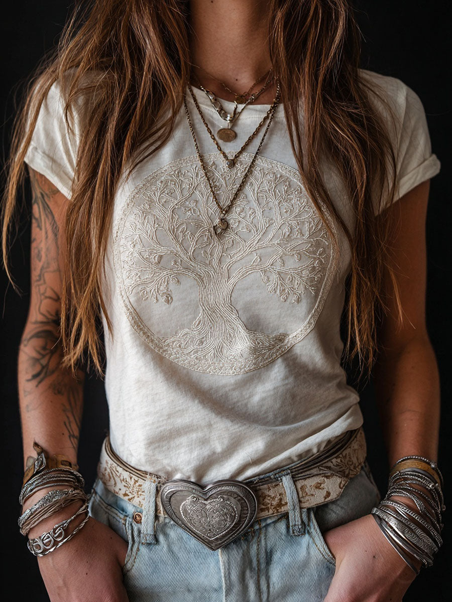 Kvinders Vintage VIking Træ af livsmønster Print Kortærmet T-shirt