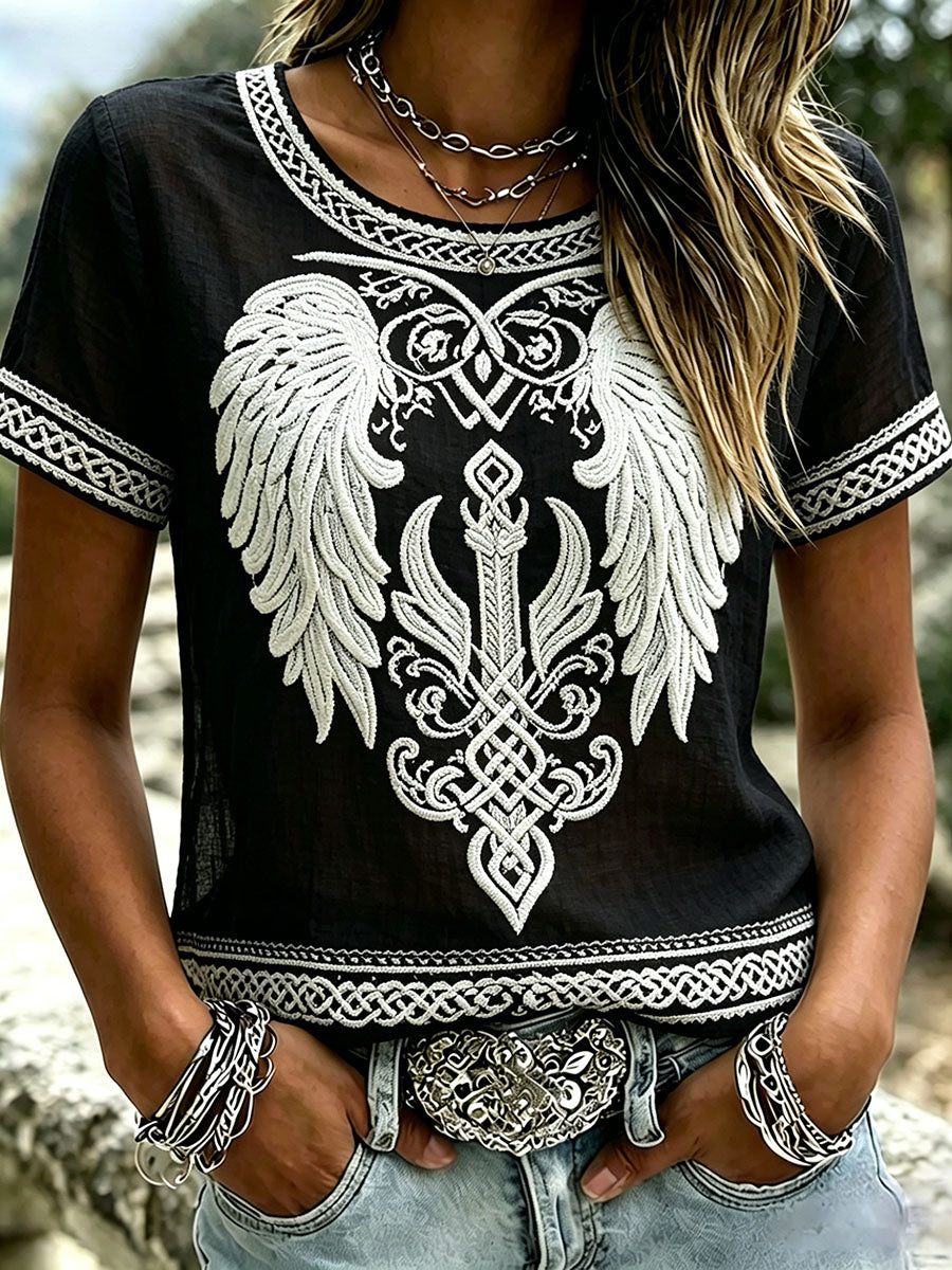 Kvinders Vintage Viking Celtic Wings Print Linen kortærmet T-shirt