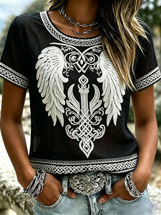 Kvinders Vintage Viking Celtic Wings Print Linen kortærmet T-shirt