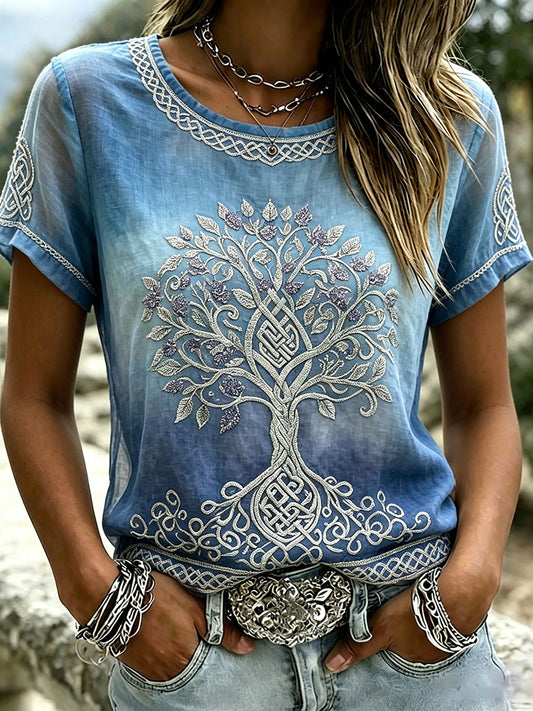 Kvinders Viking Celtic Træ af livet Print Gradient Linen Kortærmet T-shirt