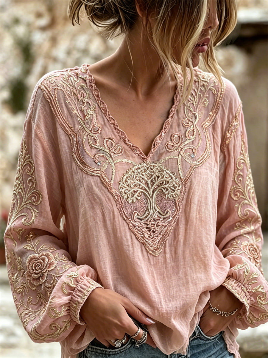 Kvinders Vintage Træ af livet Roser keltisk Glitter Print bomuld-Linen skjorte