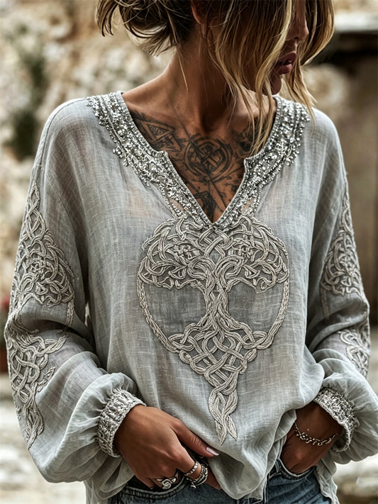 Kvinders viking træ af liv keltisk knob kunst print bomuld-Linen skjorte
