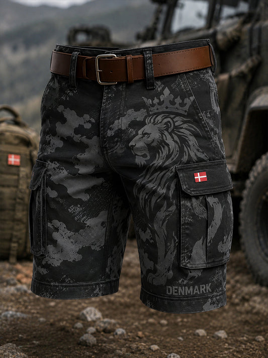Mænds slidte camouflage short-cargobukser med løveprint