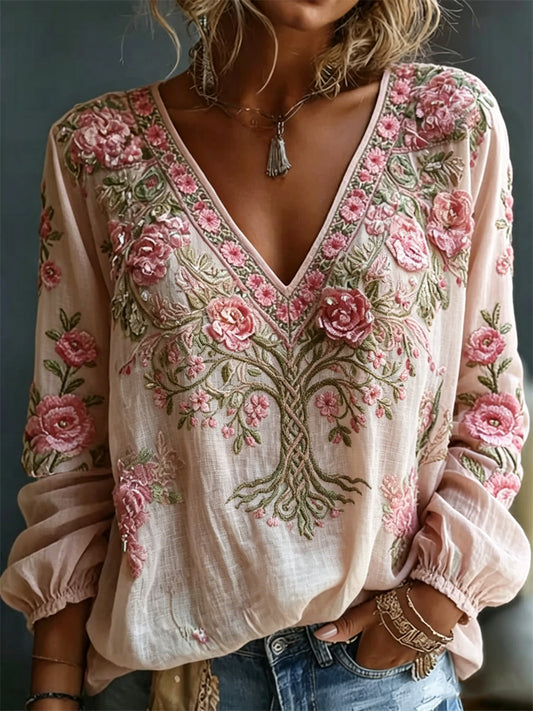 Kvinder Boho lyserød blomster keltiske træ af livet kunst print bomuld-Linen skjorte