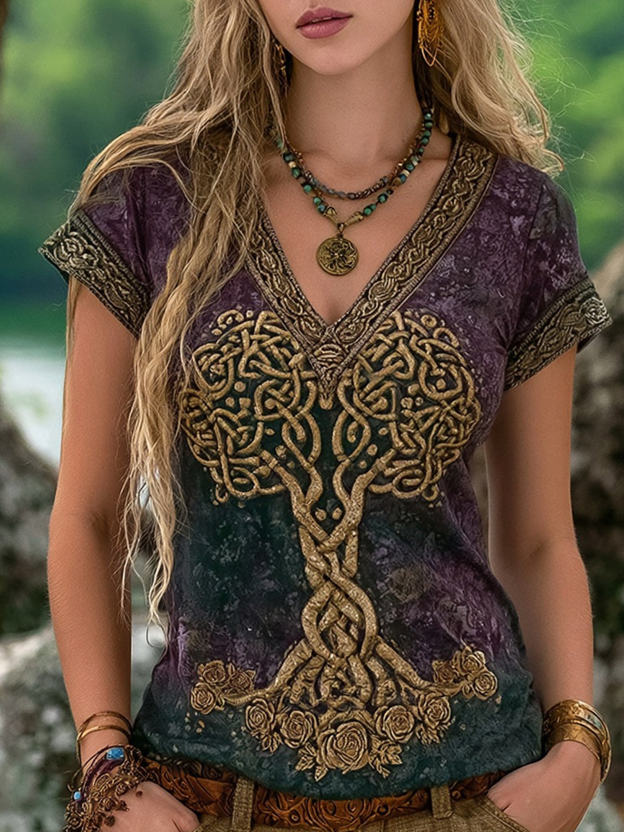 Kvinders Viking træ af liv keltiske roser Print kortærmet T-shirt