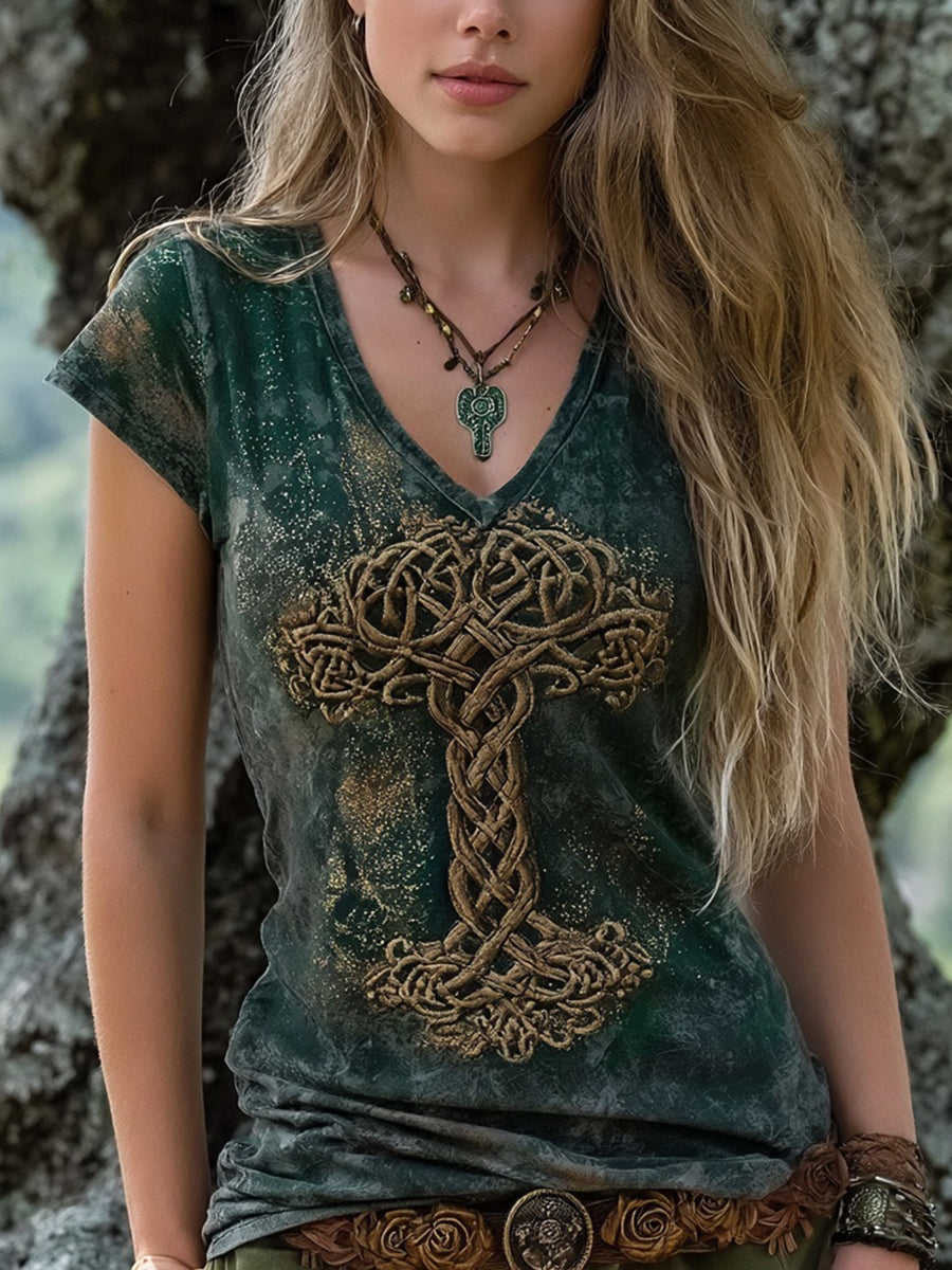 Kvindens Vintage Viking keltiske Træ af livet Print V-hals T-shirt