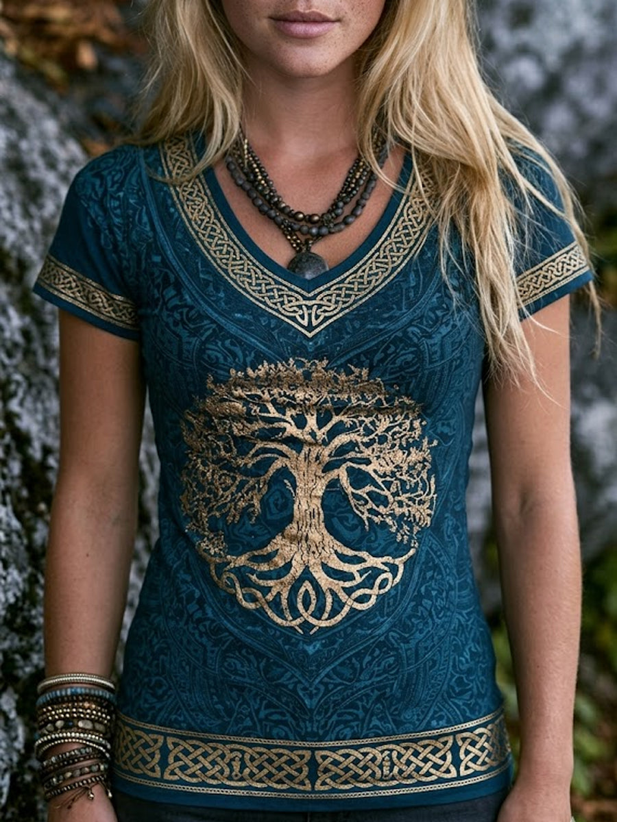 Kvinders Vintage Viking træ af liv Celtic Print Kortærmet T-shirt