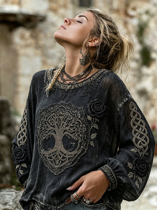 Kvinders Vintage Viking træ af livet sorte roser Celtic Knud Print bomuld-Linen skjorte