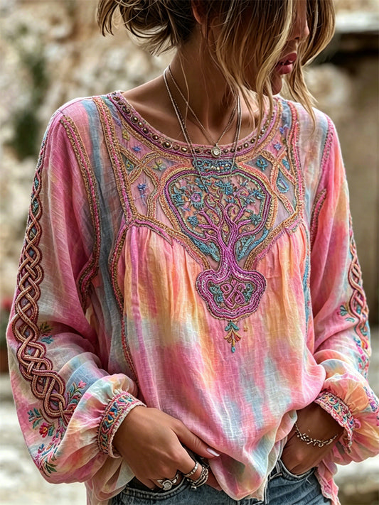 Kvinders Vintage Træ af livet Boho Blomster Print Gradient farvet bomuld-Linen skjorte