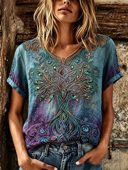 Kvinder Retro Nordic Mytologi Viking Mønster Trykt Cotton-Linen T-shirte