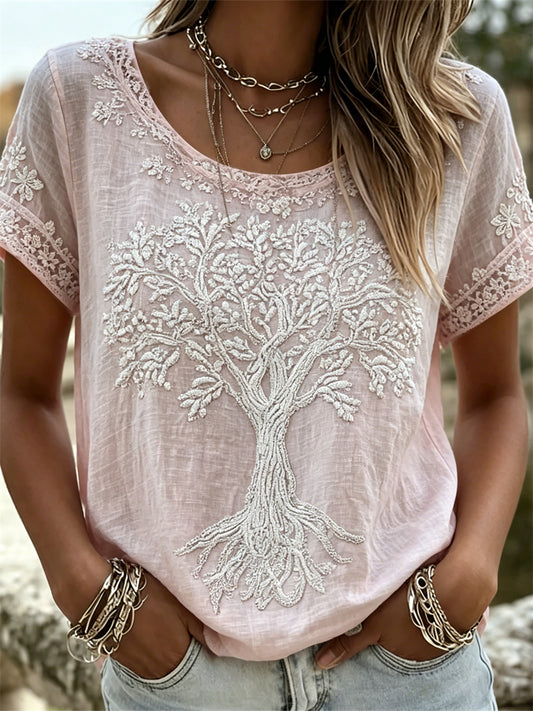 Kvinder Classy Tree of Life Floral Lace Art Print linned kortærmet T-shirte