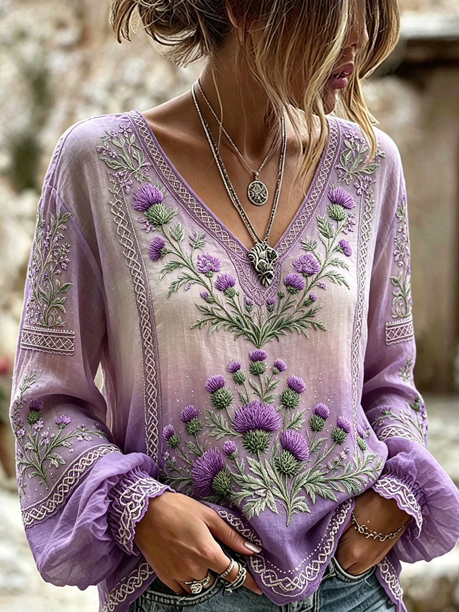 Kvinders klassiske skotske titel kunst Viking Celtic Print bomuld-Linen skjorte