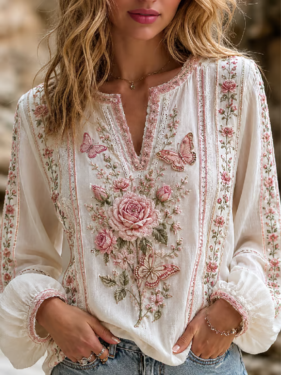 Kvinders Pink blomster print bomuld-Linen skjorte