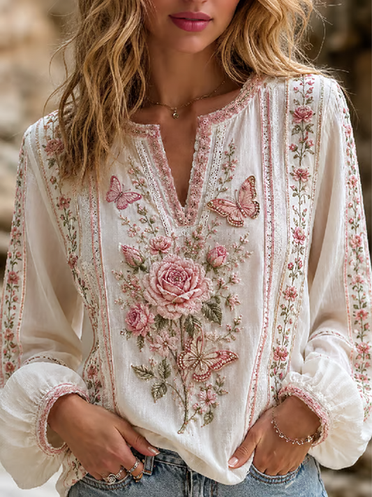 Kvinders Pink blomster print bomuld-Linen skjorte