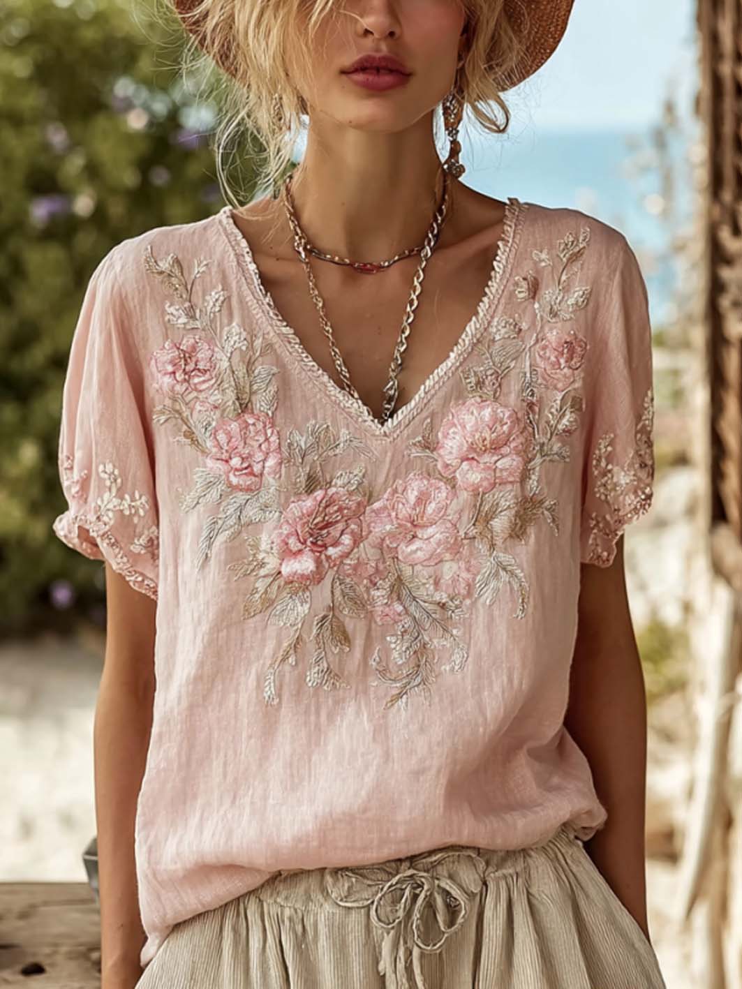 Kvinder retro pink blomster mønster trykt bomuld og linned T-shirt