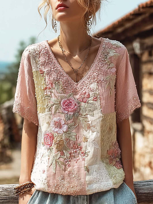 Kvindernes retro lyserøde bomulds- og hør-T-shirt med blomstermønster