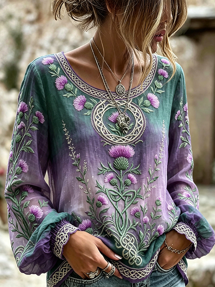 Kvinder Elegant Skotlandsk titel kunst Viking Celtic Print Cotton-Linen skjorte