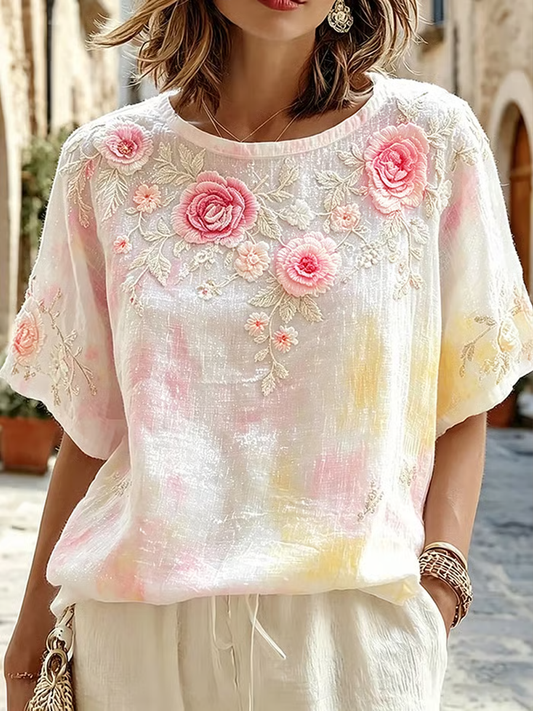 Kvindernes blomsterprint linned T-shirt med korte ærmer