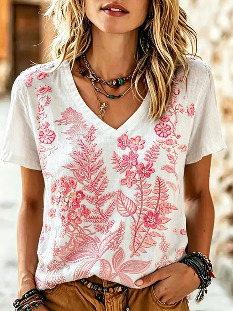 Damens blomster print linned kortærmet T-shirt