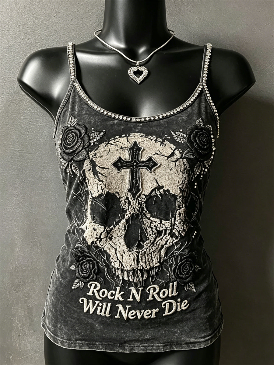 Kvinders rock N roll vil aldrig dø Skull kors roser Print Spaghetti-Strap Tank øverst