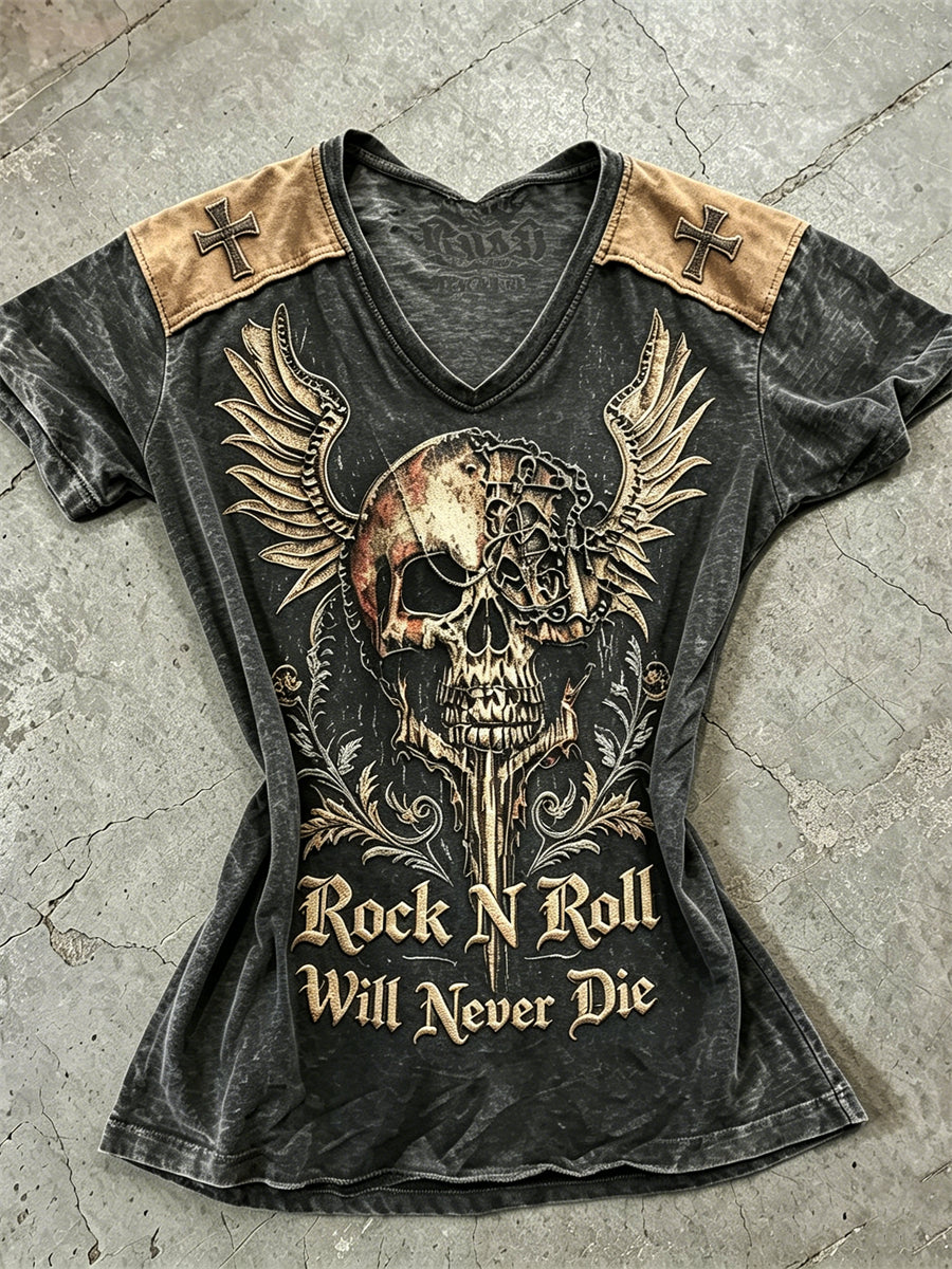 Damernes Rock N Roll vil aldrig dø Skull med vinger Print kortærmet T-shirt
