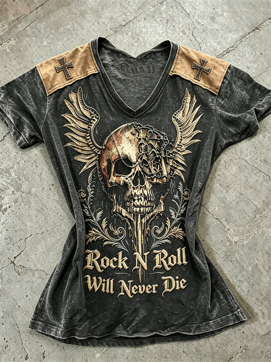 Damernes Rock N Roll vil aldrig dø Skull med vinger Print kortærmet T-shirt