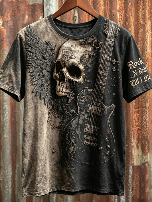 Mænds Rock N Roll Til I Die Skull & Guitar Print Kontrast bleget korte ærmer t-shirt