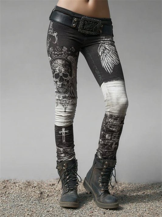 Kvinders Vintage Rock Style Skull Wings Cross Colorblock Print Leggings