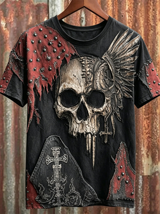 Mænds Rock Style Skull med vinger & Cross Art Print korte ærmer t-shirt