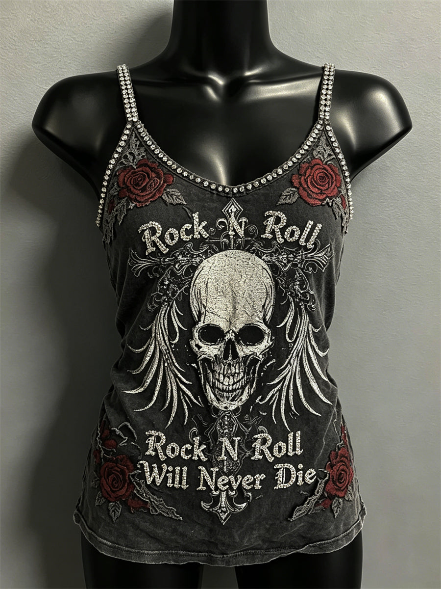 Kvinders Rock N Roll vil aldrig dø Skull & Roser Print Spaghetti-Strap Tank øverst