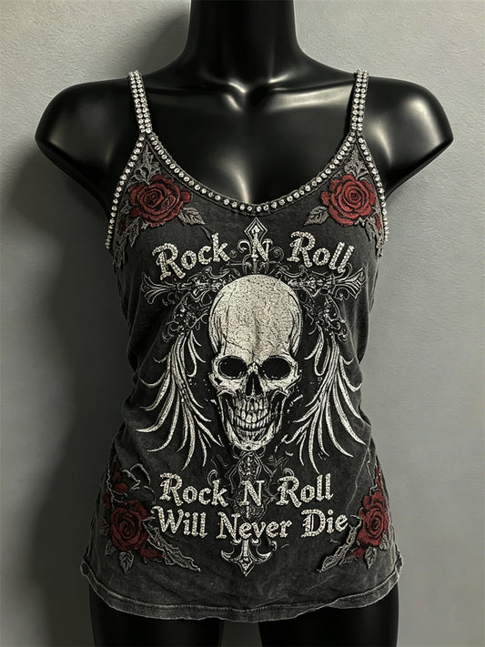 Kvinders Rock N Roll vil aldrig dø Skull & Roser Print Spaghetti-Strap Tank øverst