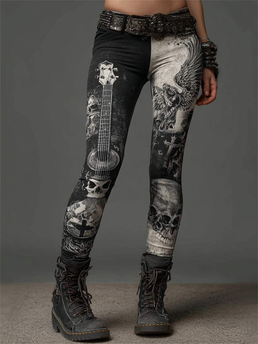 Kvinders Rock Style Guitar Skull & Wings Kontrast farve Leggings
