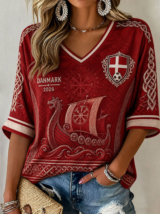 Dames Danmark Fodbold Mellemlange Ærmer V-udskæring T-shirt
