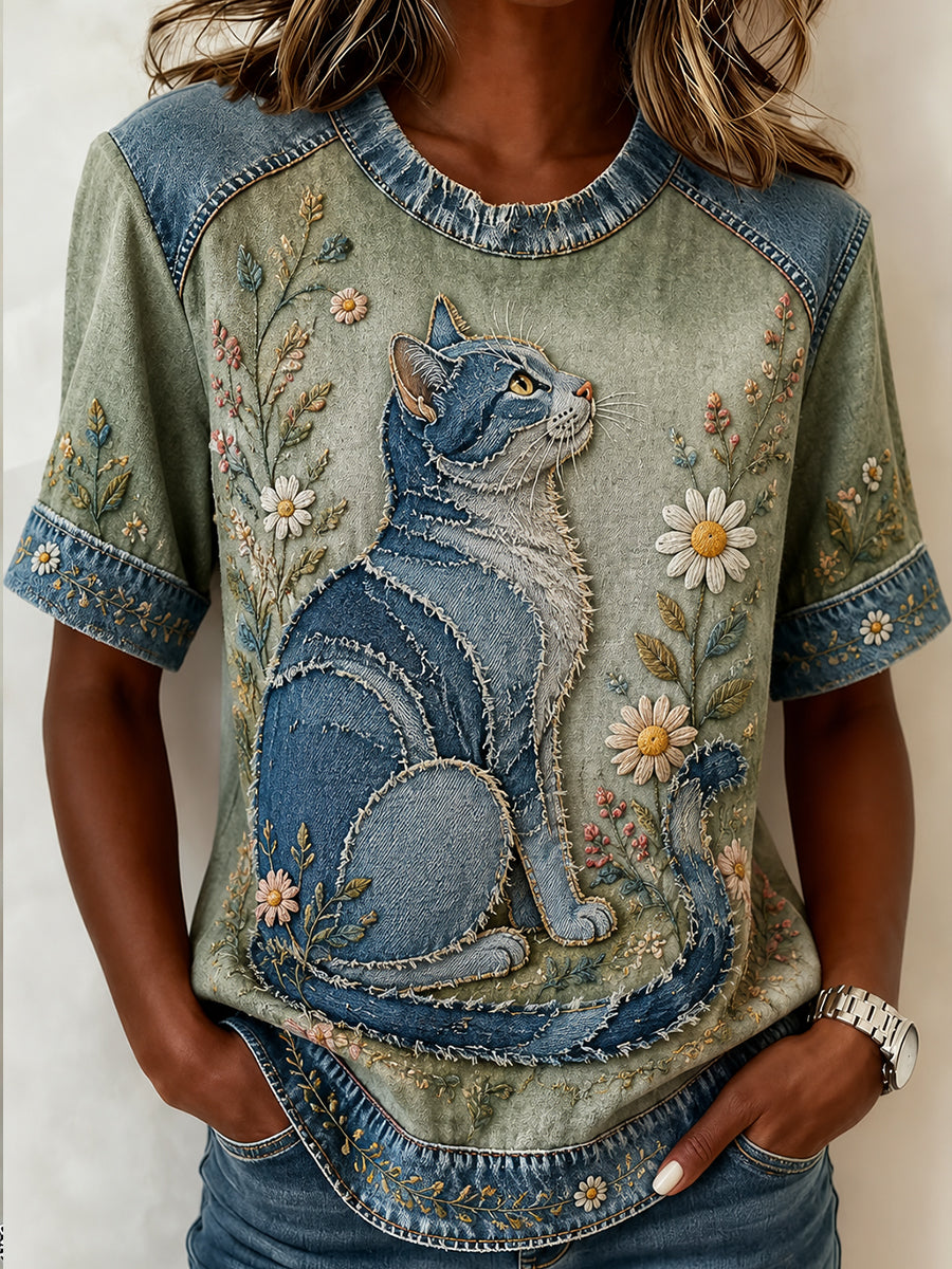 Kvinders søde kollage blomster kat Print Casual Kort ærmet T-shirt