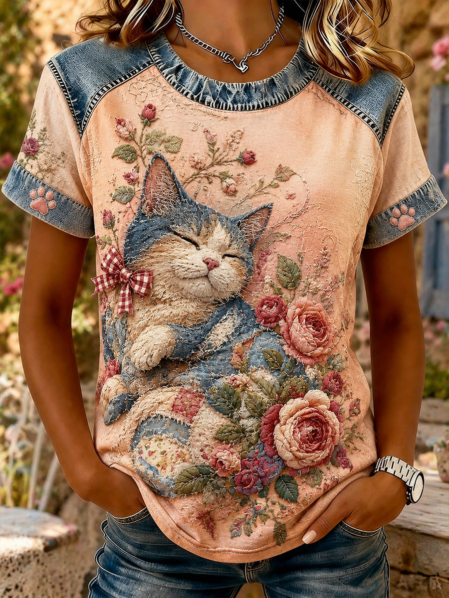 Kvinders Vintage Floral Kitten Collage Casual Kort ærmet T-shirt